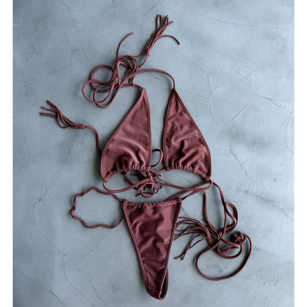 Animale String Bikini Set - Triangle Top + Micro Bottoms - Fringe Ties